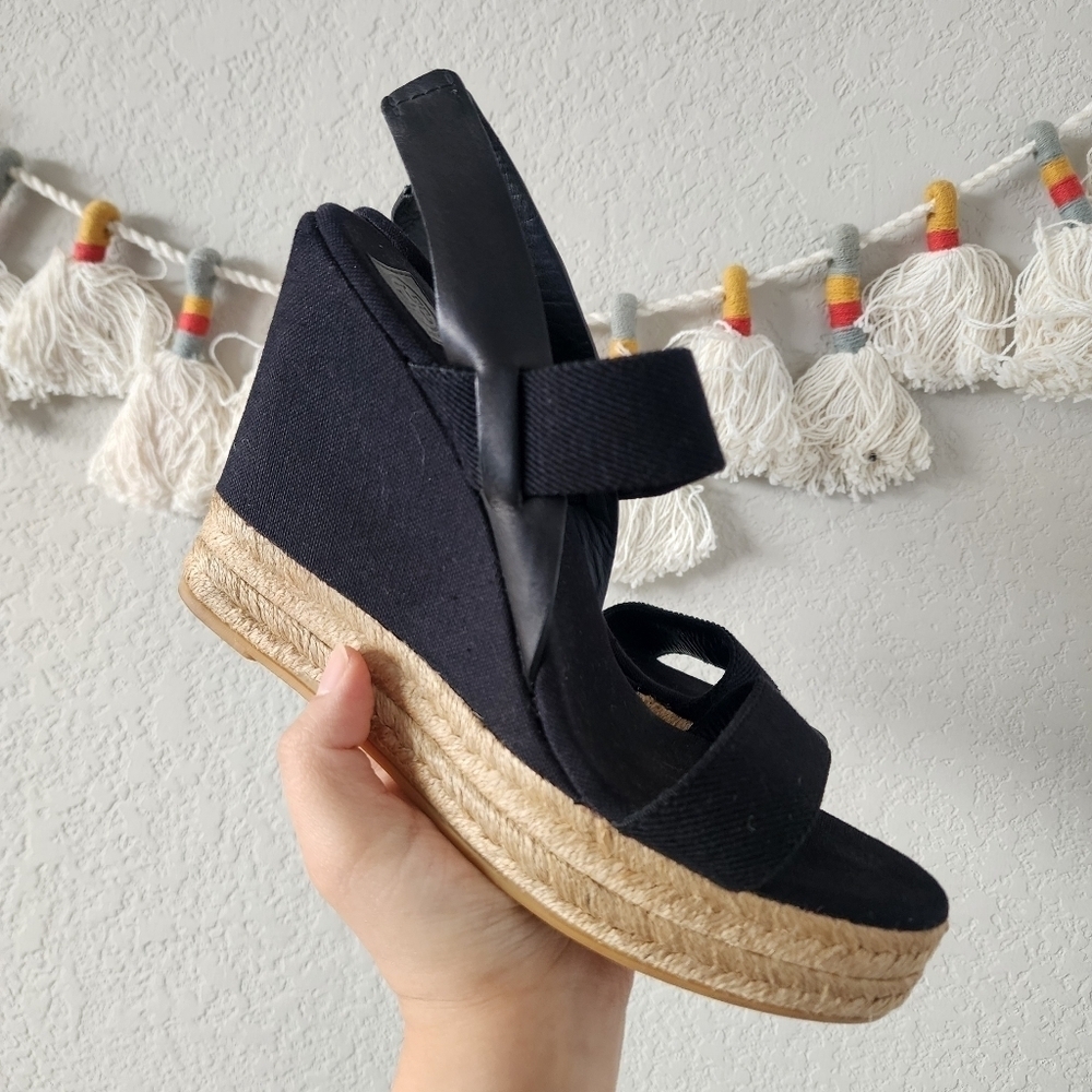 Tory Burch Espadrille Wedge Slingback Black Canvas Sandal Boho Chic Comfort 10 - Picture 4 of 11